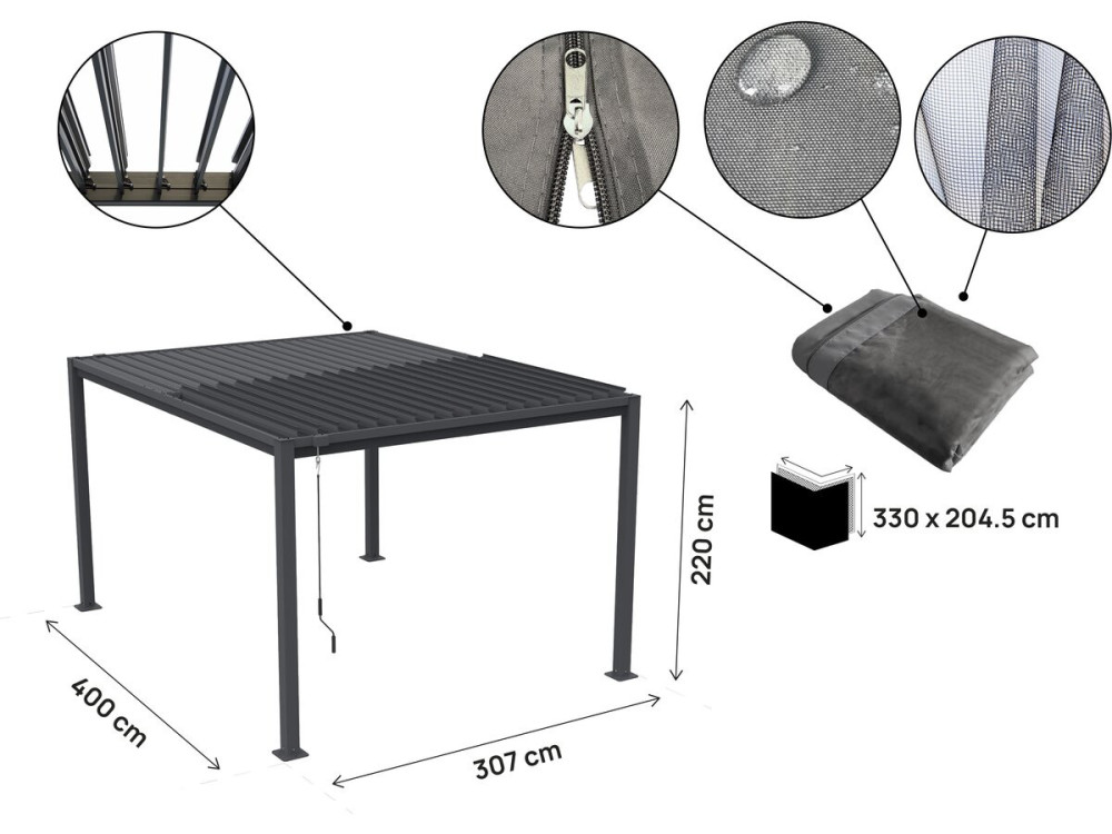 Pérgola bioclimática "Howard" con cortina y mosquitera - 3 x 4 m - Gris