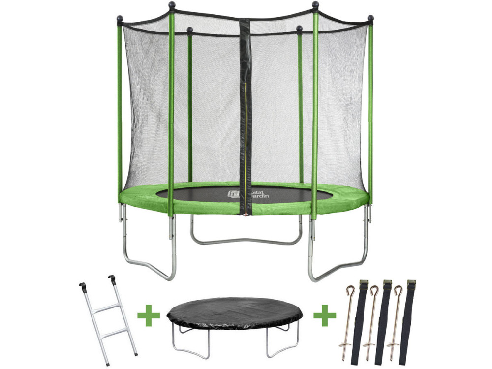 Cama elástica "Yoopi" - Ø 3.05 m - con red + escalera + cubierta de protección  + kit de anclaje