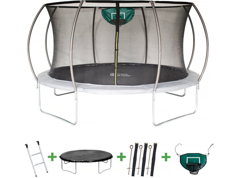 Cama elástica con red interior y aro de baloncesto "jumper" Ø4,25 m - Gris