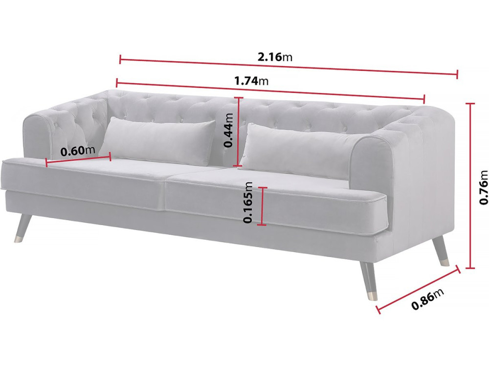 Sofá de terciopelo "Gloria" - 216 x 86 x 76 cm - 3 plazas - Gris