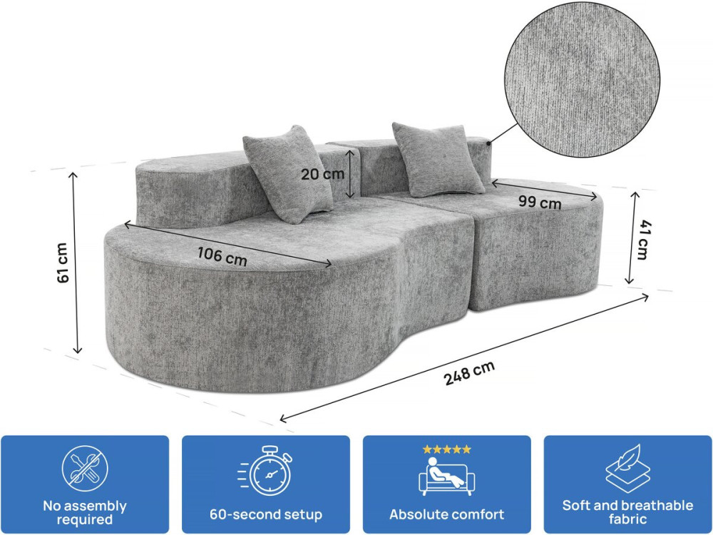 Sofá Comma en tejido texturizado «Avola» - 3 plazas - gris