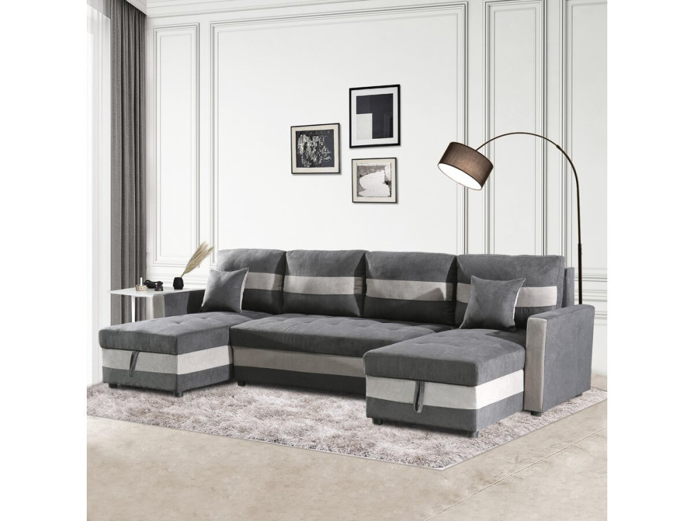 Sofá convertible panorámico "Antoine" con compartimentos portaobjetos - 5 plazas - Gris oscuro/ Gris claro