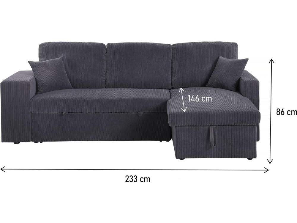 Sofá esquinero convertible/reversible de pana "Axel" - 3 plazas - Gris