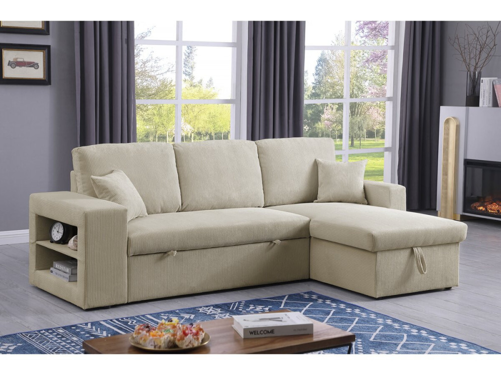 Sofá esquinero convertible/reversible de pana "Axel" - 3 plazas - Beige