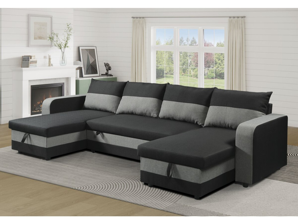Sofá cama esquinero panorámico "Victor" de tela - 4 plazas - Negro