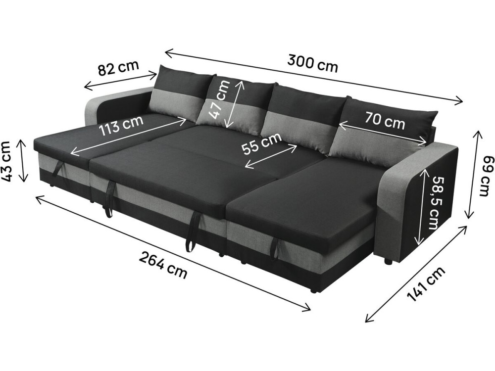 Sofá cama esquinero panorámico "Victor" de tela - 4 plazas - Negro