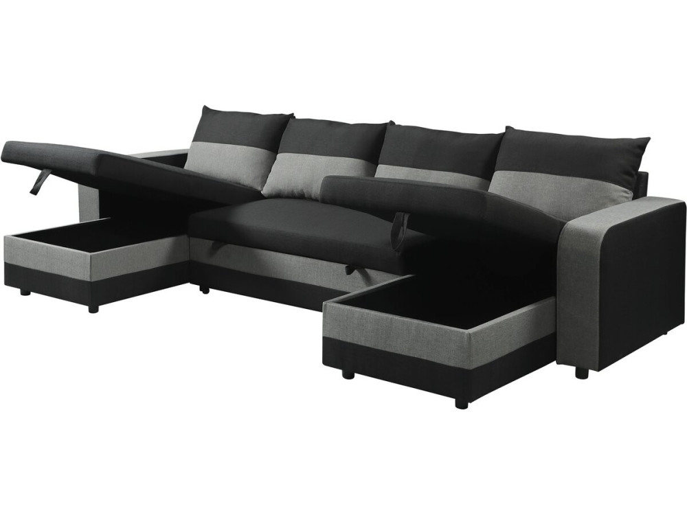 Sofá cama esquinero panorámico "Victor" de tela - 4 plazas - Negro